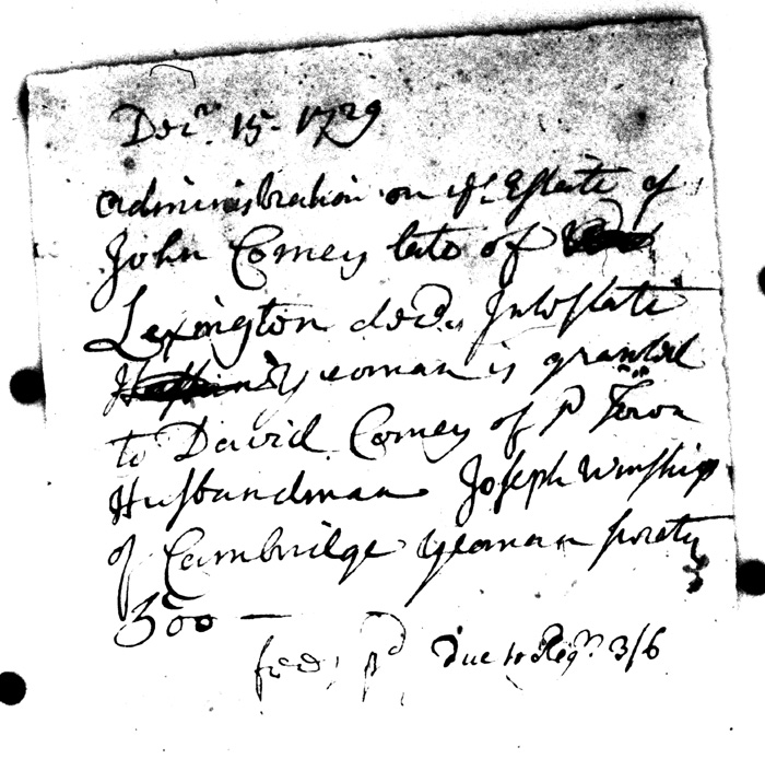 Probate of John Comee, 1729, Middlesex County, Massachusetts