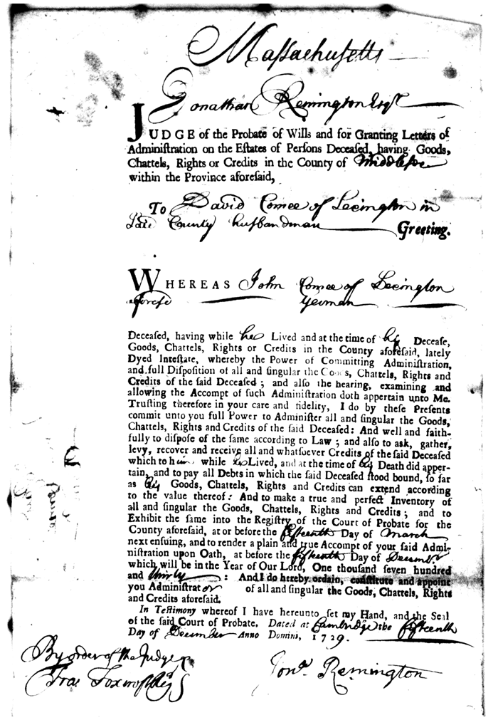 John Comee probate administration 1729, Middlesex, Co., Massachusetts