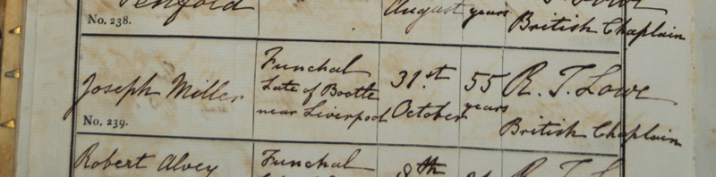 Joseph Dundas record of burial, Holy Trinity Church Burial register, Funchal, Madeira