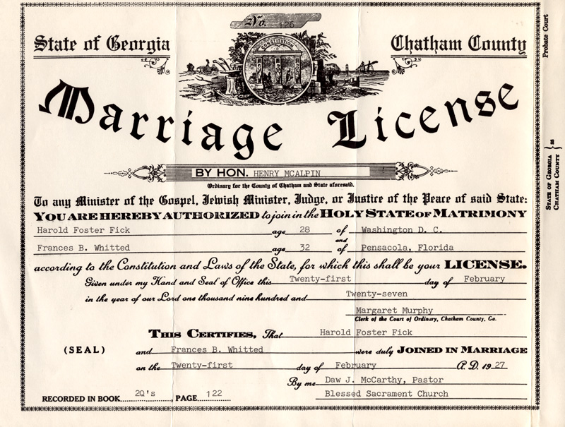 Marriage license and certificate of Harold Fick and Frances Brent Whitted, 1927