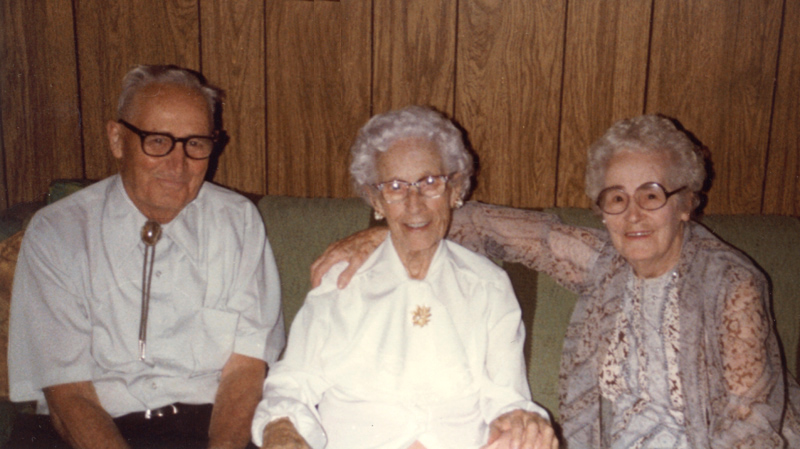Frederick Spurstow Miller, 1898-1987, Ethel Maude Miller Boyd, 1888-1982, and Esther Mary Miller Breisch, 1894-1995. Photo taken 1981 at Hope Healy Koontz' home in San Diego. 