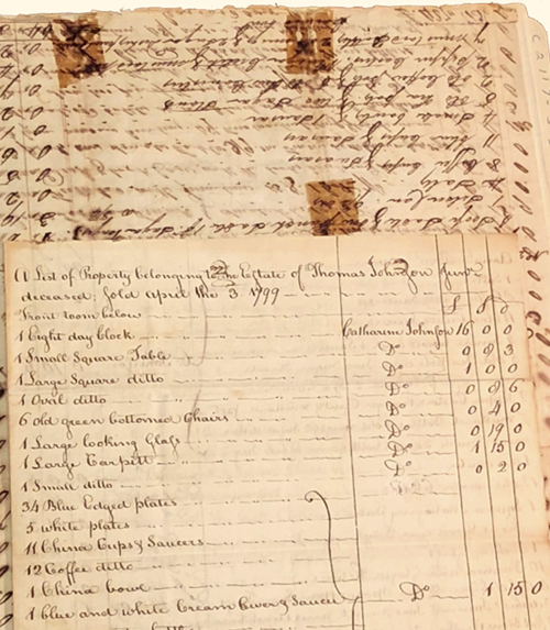 Page from inventory of Thomas Johnson Jr, d.1795, Washington D.C.