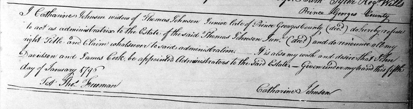 Page from administration of estate of Thomas Johnson Jr, d.1795, Washington D.C.